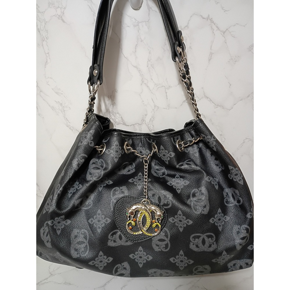 SHARIF Vintage Black Monogram Leather Shoulder Bag w Jeweled Panther Heart Charm